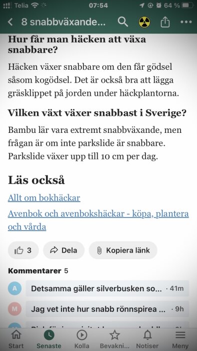 Skärmdump av en artikel om snabbväxande häckar med tips om gödsel, park-slide och bambu, samt relaterade läsartiklar och kommentarer från användare.