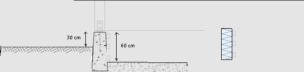 Skiss av plintgrund med mått, där marknivån utanför är 30 cm och 60 cm makadam innanför; visad sektion av cellplastisolering monterad på regelverk.