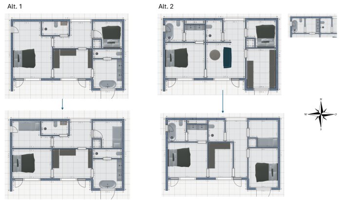 Två olika planlösningar för övervåningen, märkt Alt. 1 och Alt. 2. Alt. 1 har tre rum, Alt. 2 har fler sektion uppdelningar. En kompassros i högra hörnet.