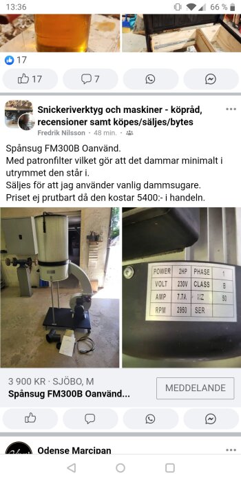 Bild på ett Facebook-inlägg som säljer en spånsug FM300B. Inlägget visar spånsugen i ett garage, samt en närbild på dess specifikationsskylt och säljanspråk.