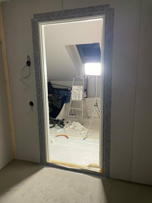 Bilden visar en nyinstallerad dörrkarm och tröskel med tätning. I bakgrunden syns arbetsutrustning och en stege, belyst av en bygglampa.