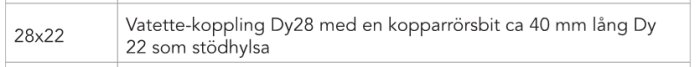 Tabellrad som beskriver Vatette-koppling Dy28 med en ca 40 mm lång kopparrörsbit Dy 22 som stödhylsa.