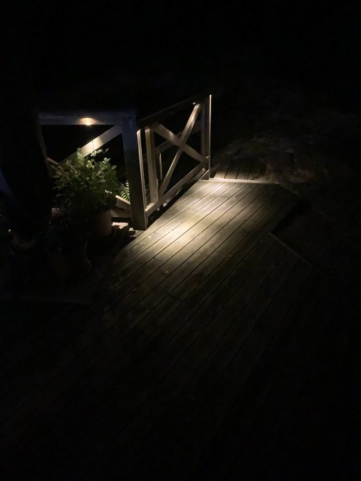Utetrappa med mjukt belysning som lyser upp trappstegen från ett doldt ljuskälla bakom handledaren, samt ett altanräcke med krukväxter.