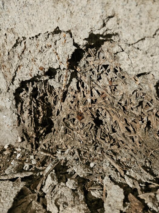 Närbild av en sönderfallande vägg med träullsmatta bakom putsen i ett gammalt hus, visar tecken på fuktproblem och nedbrytning.