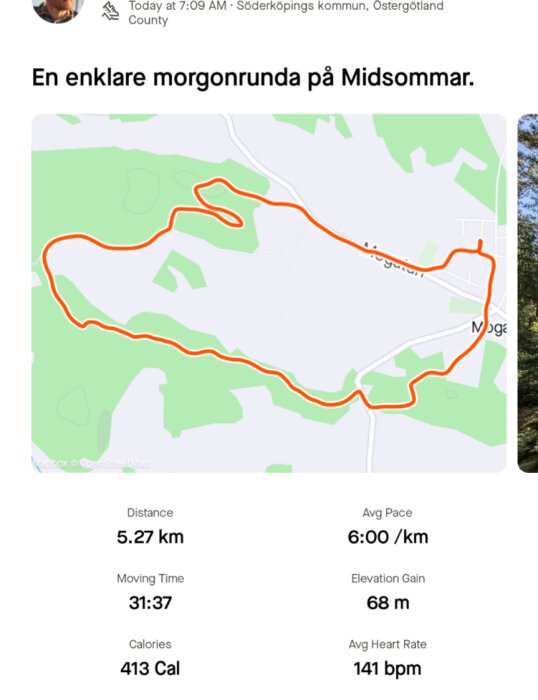 Skärmbild av en löprunda på Midsommar i Söderköpings kommun, Östergötland med en distans på 5,27 km, snittempo 6:00/km, höjdökning 68 m, kaloriförbränning 413 Cal.