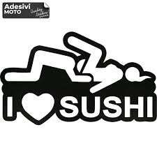 Logotypen visar en slogan "I love sushi" med en stiliserad bild av två personer i en humoristisk pose ovanför texten.