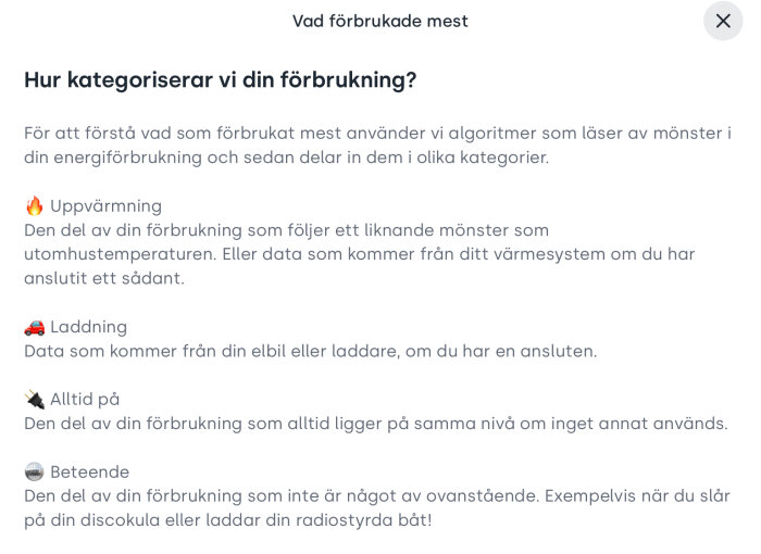 Instruktioner för kategorisering av energiförbrukning med fyra kategorier: Uppvärmning, Laddning, Alltid på och Beteende, inklusive beskrivningar och ikoner.