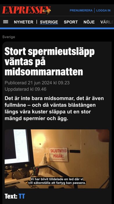 Expressen nyhetsartikel med rubriken "Stort spermieutsläpp väntas på midsommarnatten" och en bild med en varningsskylt "Skjutning pågår!" nära en datorskärm.