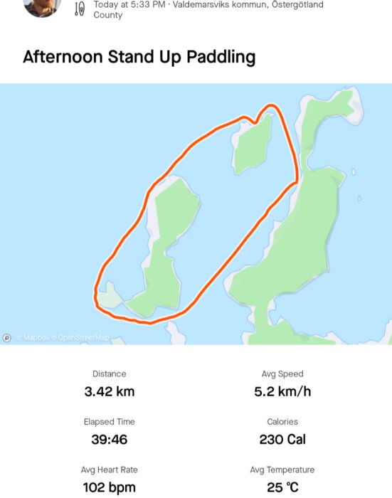 Karta över stand-up paddling-rutt på 3,42 km runt öar med data om tid (39:46), medelhastighet (5,2 km/h), kalorier (230), medelpuls (102 bpm) och temperatur (25 °C).