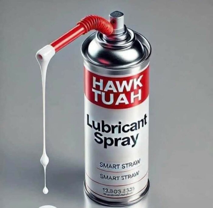 Sprayburk med texten "Hawk Tuah Lubricant Spray" och en röd smart sugslang som är vinklad neråt med vit vätska droppande från spetsen.