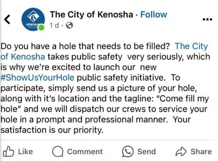 Facebook-inlägg från "The City of Kenosha" som lanserar initiativet #ShowUsYourHole för att fylla hål i vägar, med instruktioner för deltagande och kontaktinformation.