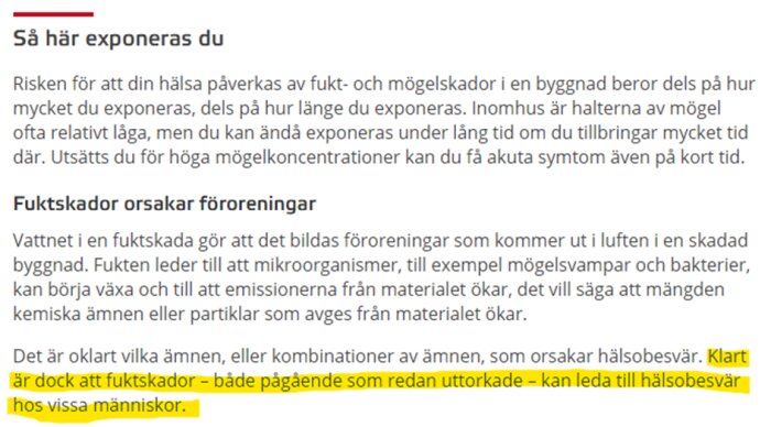 Text från boverket.se som förklarar hur fukt och mögelskador kan påverka hälsan, med text om hälsobesvär av fuktskador markerad med gult.