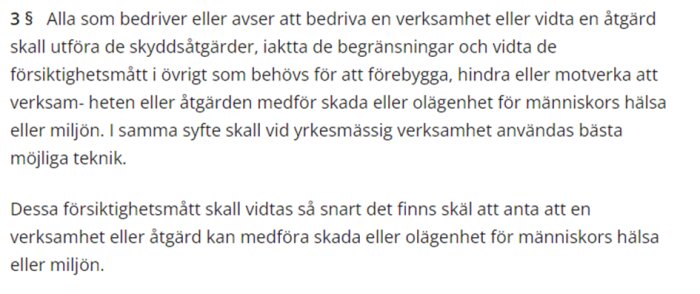 Textutdrag från Miljöbalken om försiktighetsprincipen och åtgärder för att skydda hälsa och miljö.