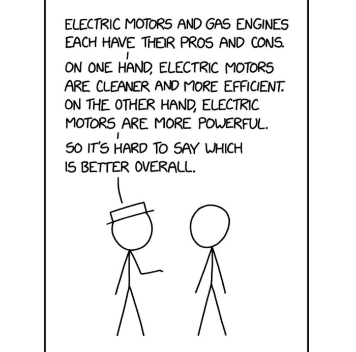 En tecknad serie med två streckgubbar som diskuterar skillnaderna mellan elmotorer och bensinmotorer, angående för- och nackdelar, som effektivitet och kraft.