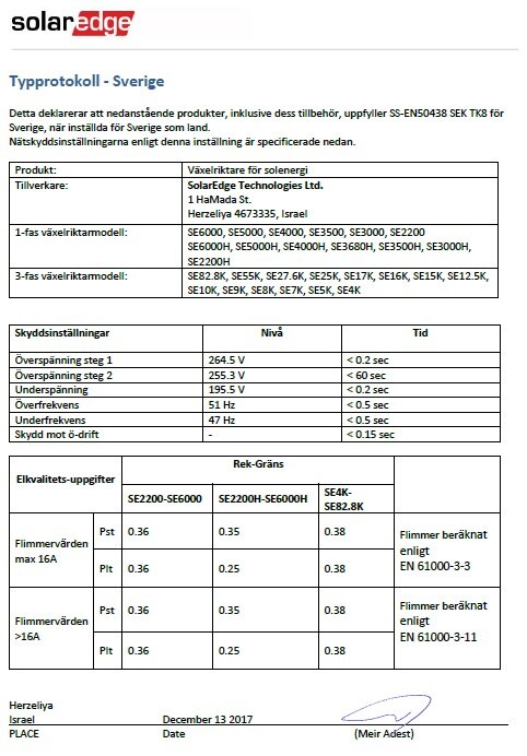 Typprotokoll Svenska SS 50438 från SolarEdge, detaljerad tabell över spänning, ström och frekvensgränser, samt elkvalitet och skyddsinställningar för växelriktare.
