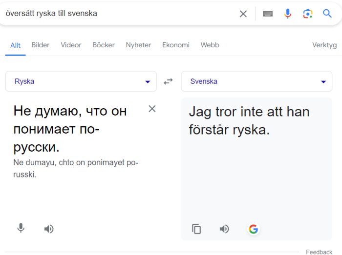 Google Translate-översättning av text från ryska till svenska, ryska texten säger "Jag tror inte att han förstår ryska".