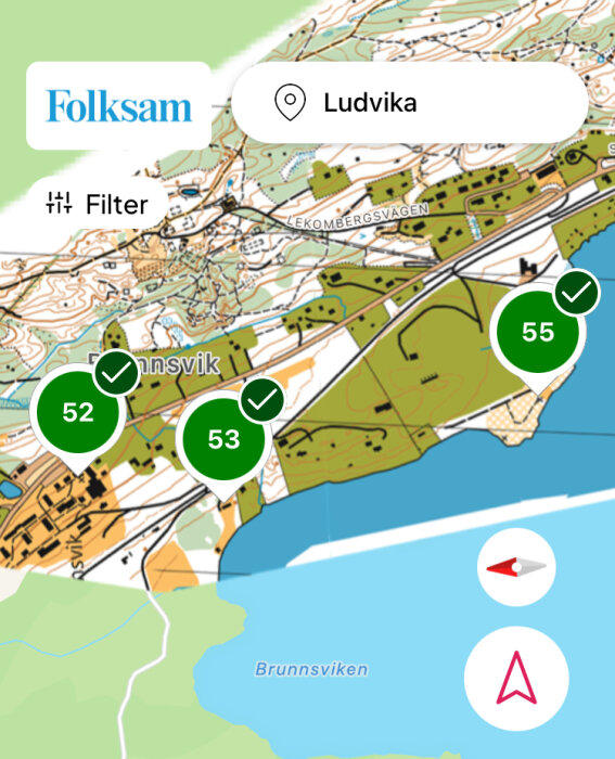 Karta som visar Ludvika och Brunnsvik med markeringar för punkter 52, 53 och 55 nära Brunnsviken, samt Folksam-logo och filterikon.