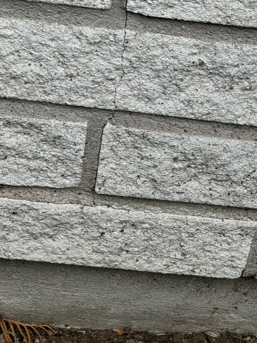 Vägg av betongblock på ett 70-talshus med en synlig spricka som löper vertikalt över flera block.