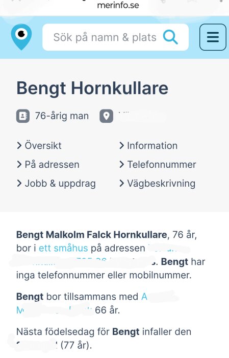 Skärmdump från en profilsida på merinfo.se som visar information om en 76-årig man med namn, ålder, adress och andra personuppgifter.