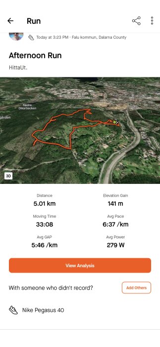 3D-karta över en löprunda i Falu kommun, Dalarna med statistik: distans 5,01 km, stigning 141 m, tid 33:08, tempo 6:37/km, genomsnittseffekt 279 W.