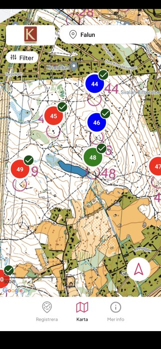 Karta över Falun med markeringar för olika punkter numrerade 44, 45, 46, 47, 48 och 49. Knappar för filter och platsinformation.