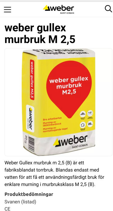 Bild på en förpackning av Weber Gullex murbruk M 2,5. Förpackningen är gul och vit med röd detalj och visar produktinformation om användning och specifikationer.