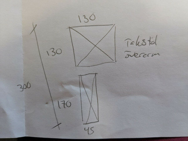 Handritad skiss som visar dimensionerna och strukturen för takstolar och reglar i ett timmerhus: 130x130 mm överarmar och 170x45 mm reglar.