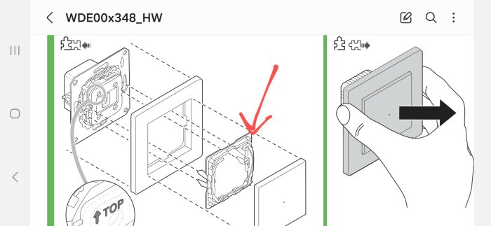 Instruktionsbild för montering av en strömbrytare där en sarg håller fast ramen; ett handgrep visar hur strömbrytaren snäpps på plats.