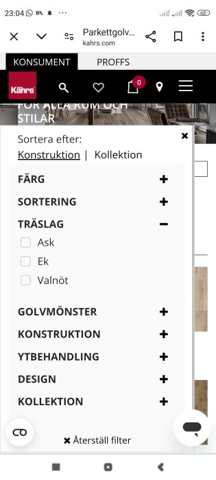 Filtreringsalternativ för parkettgolv på Kährs webbsida med urvalen "Ask", "Ek", och "Valnöt" under "Träslag"; "Björk" finns ej bland valen.