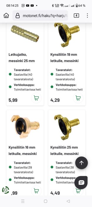 Motonet-produktbläddrare visar mässingskopplingar för slangar i olika storlekar med priser och lagerstatus i både fysiska butiker och onlinebutik.