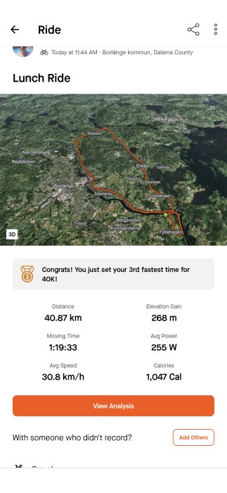 3D-karta över en registrerad cykeltur i Borlänge kommun, som mäter 40,87 km. Statistik: tid 1:19:33, genomsnittlig hastighet 30,8 km/h, höjdökning 268 m, förbrända kalorier 1,047.