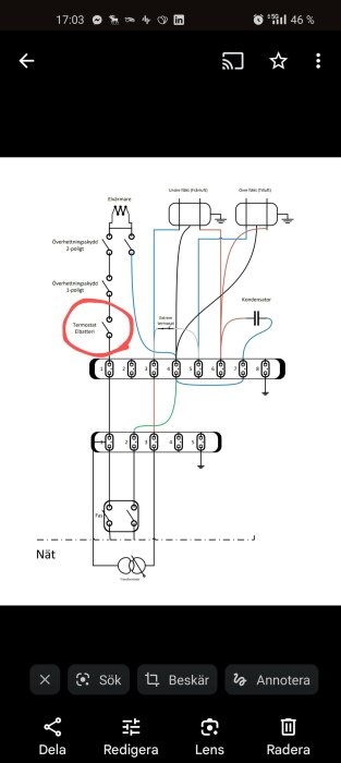 Elschema för koppling av elkomponenter i ett system med två fläktar, elvärmare, kondensator, och överhettningsskydd. Termostat är markerad med röd cirkel.