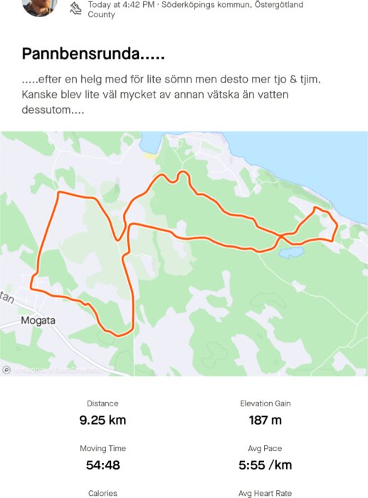 Karta över en löprunda på 9,25 km nära Mogata med höjdökning på 187 m. Rundan tog 54:48 minuter med en genomsnittlig hastighet på 5:55 min/km.