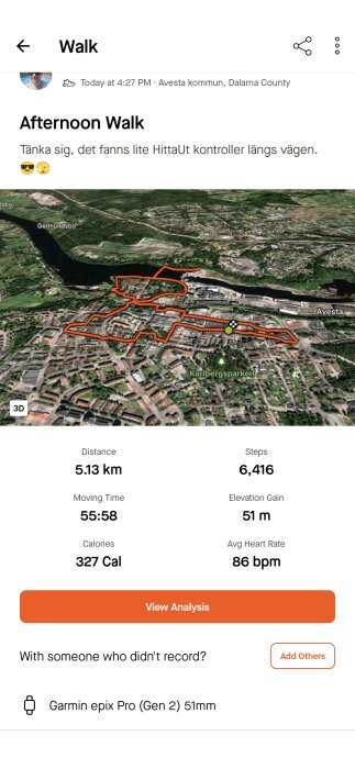 En skärmdump av en träningsrunda i Avesta, Dalarna, på 5,13 km och 6416 steg, visas på en karta, med statistik om tid, höjd, kalorier och genomsnittspuls.