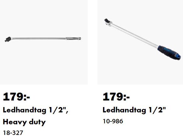 Två ledhandtag 1/2" som kostar 179 kr vardera, till vänster utan gummihandtag (Heavy duty) och till höger med gummihandtag.