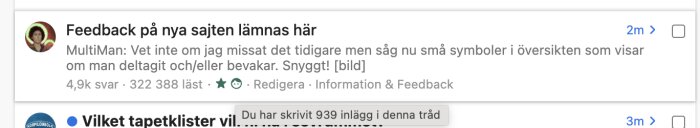 Skärmdump av en diskussionstråd med rubriken ”Feedback på nya sajten lämnas här” och en kommentar som innehåller symboler för deltagande och bevakning.