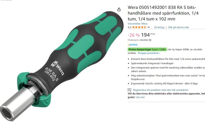 Bild av en Wera 05051492001 838 RA S bits-handhållare med spärrfunktion, 1/4 tum, 1/4 tum x 102 mm, visas på en Amazon-produktsida med ett pris på 194,13 kr.