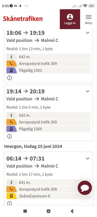 Skånetrafikens app som visar resplaner från vald position till Malmö C med avgångar kl. 18:06, 19:14 och 06:14, inklusive restid och byten.