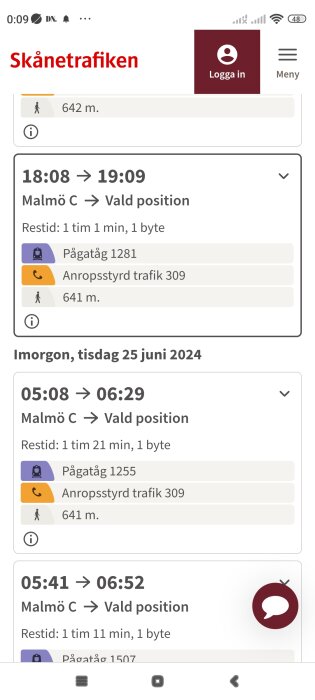 Mobilskärmbild som visar tidtabeller från Skånetrafiken med resor från Malmö C till vald position den 24 och 25 juni 2024, inklusive Pågatåg och anropsstyrd trafik.