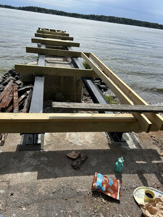 Trä- och stålbalkar monterade tvärgående på en brygga vid en sjö, med verktyg, en påse och en vattenflaska på marken.