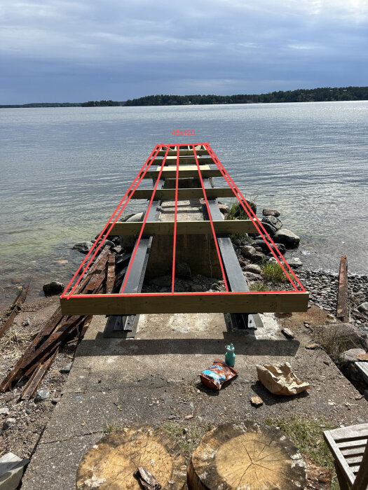 Bild av ett pågående byggprojekt vid vatten. Skelett av trädäck med stålbalkar och träreglar märkta 45x120 är monterade. Röd ram visar höjdskillnad mellan olika byggelement.