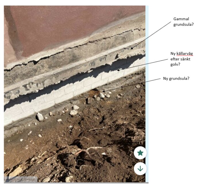 Närbild på en murad grund där det spekuleras om att golvnivån har sänkts med fyra varv hålsten. Mark och stenar syns framför väggen. Text antecknad på fotot.