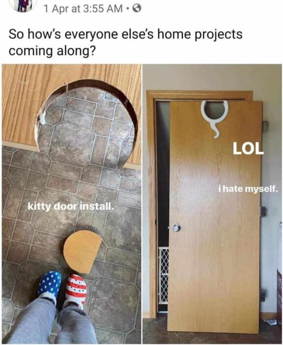 Bild av ett misslyckat bygge av en kattdörr installerad högt upp på en dörr. Texten på bilden säger "kitty door install" och "LOL i hate myself".