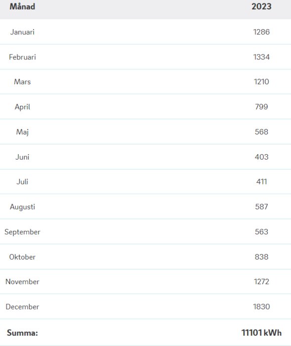 Energiförbrukning per månad från januari till december 2023, med summan 11101 kWh, enligt elnätsleverantören Eon.