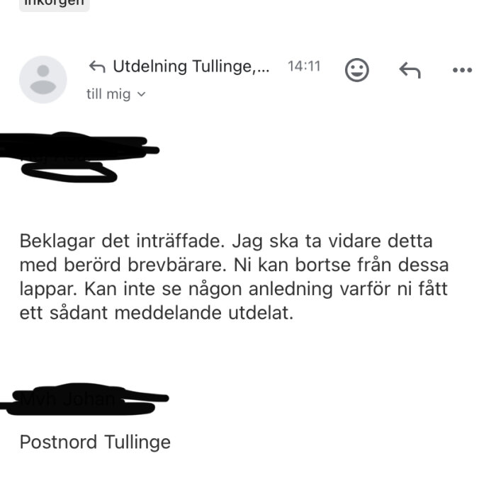 Ett e-postmeddelande från PostNord där de ber om ursäkt och informerar om att ett meddelande från dem var ett misstag och att det kan ignoreras.