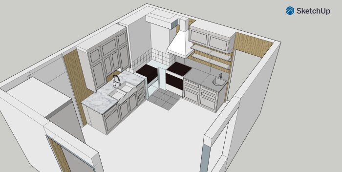 3D-modell av ett kök designat i SketchUp, visar vitvaror, skåp, diskho och kakel. Användaren ber om synpunkter på designen.