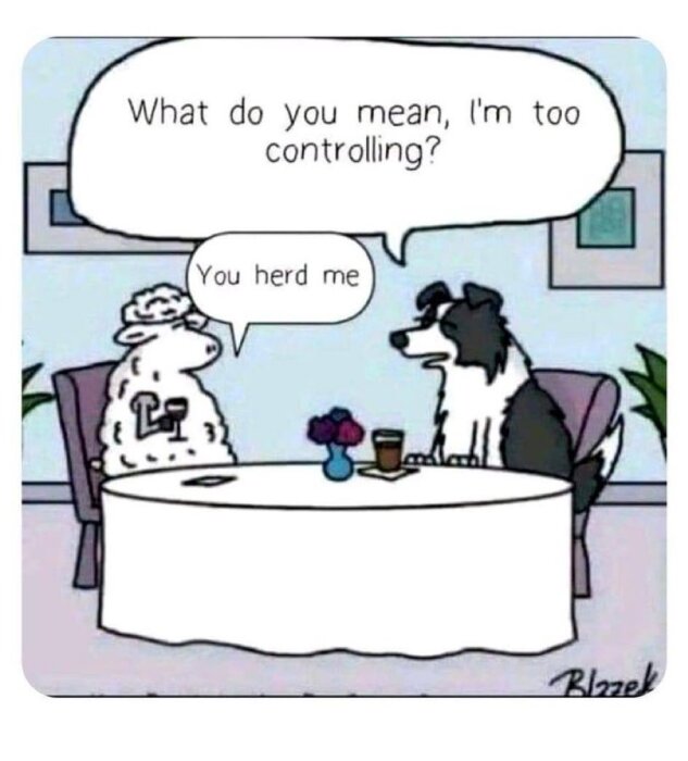 Tecknad bild av ett får och en hund som sitter vid ett bord och pratar. Fåret frågar "What do you mean, I'm too controlling?" och hunden svarar "You herd me".