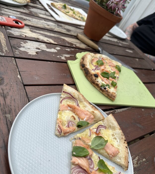 Närbild av två stenugnsbakade pizzor med lax, rödlök och basilika serverade på ett rustikt träbord, med en blomkruka i bakgrunden.