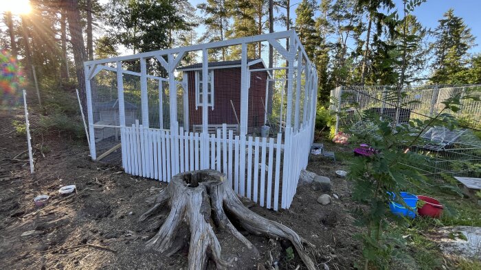 Påbörjat byggprojekt med halvfärdigt vitt staket och stor stubbe i förgrunden. Bakgrund innehåller skog och en röd byggnad.