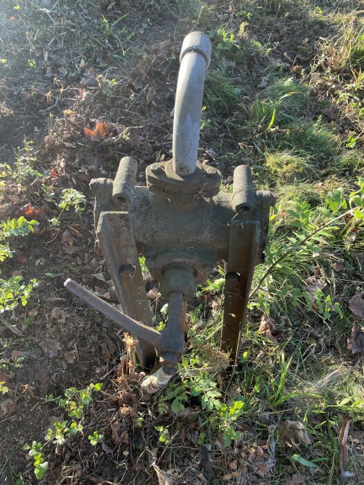 Gammal vattenpump stående på mark täckt av gräs och löv, fotograferad vid en stuga i Kristinehamn, Sverige.